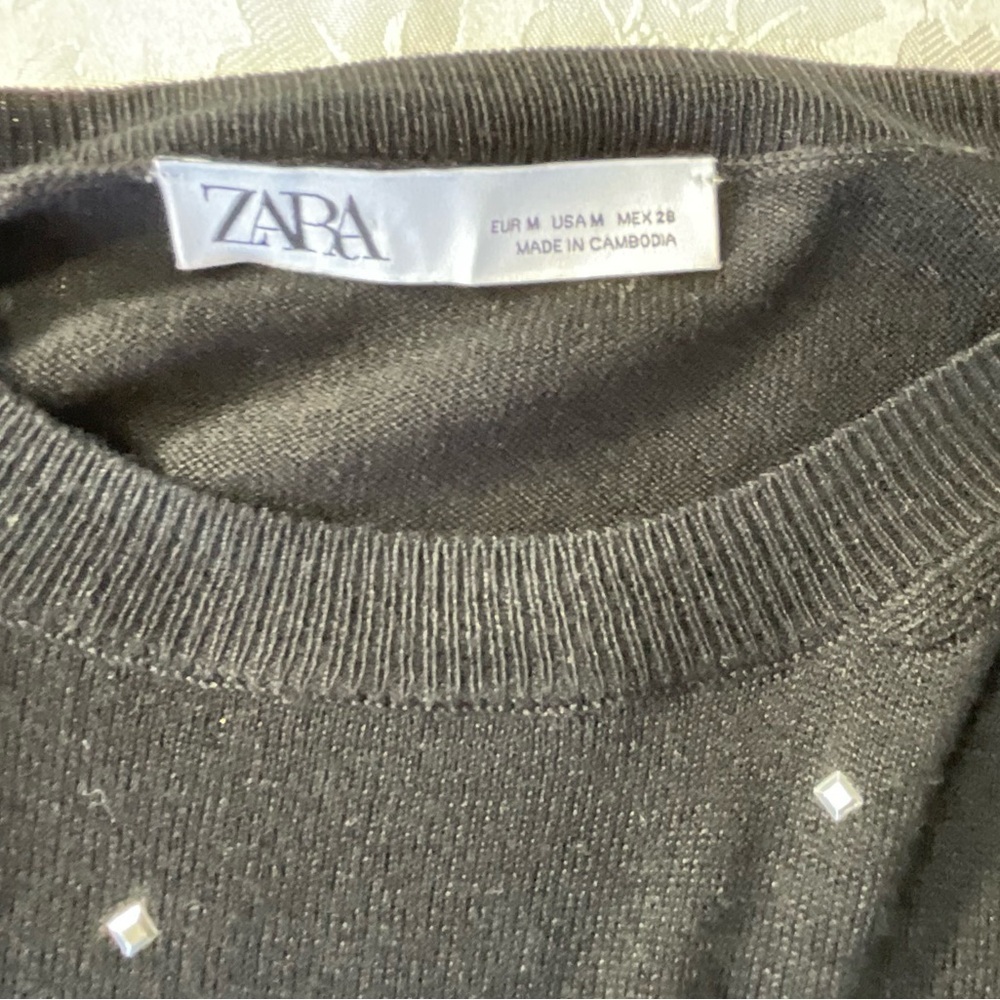 Zara Black Sweater Rhinestones Long Sleeves Pullover Blended Knit Size Medium - Picture 9 of 10